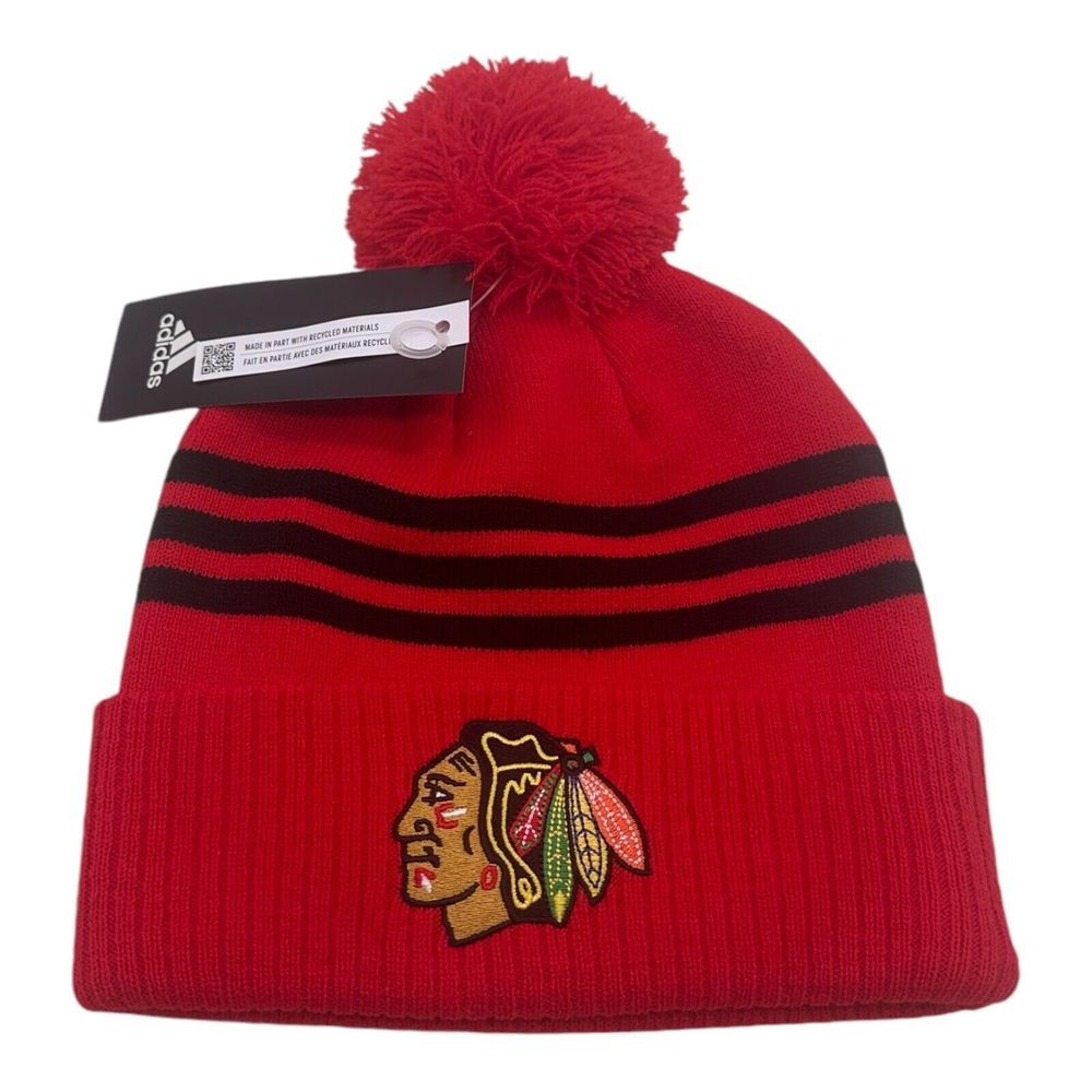 Adidas Chicago Blackhawks Beanie Winter Hat Cap Red Knit NHL Hockey Pom NWT
